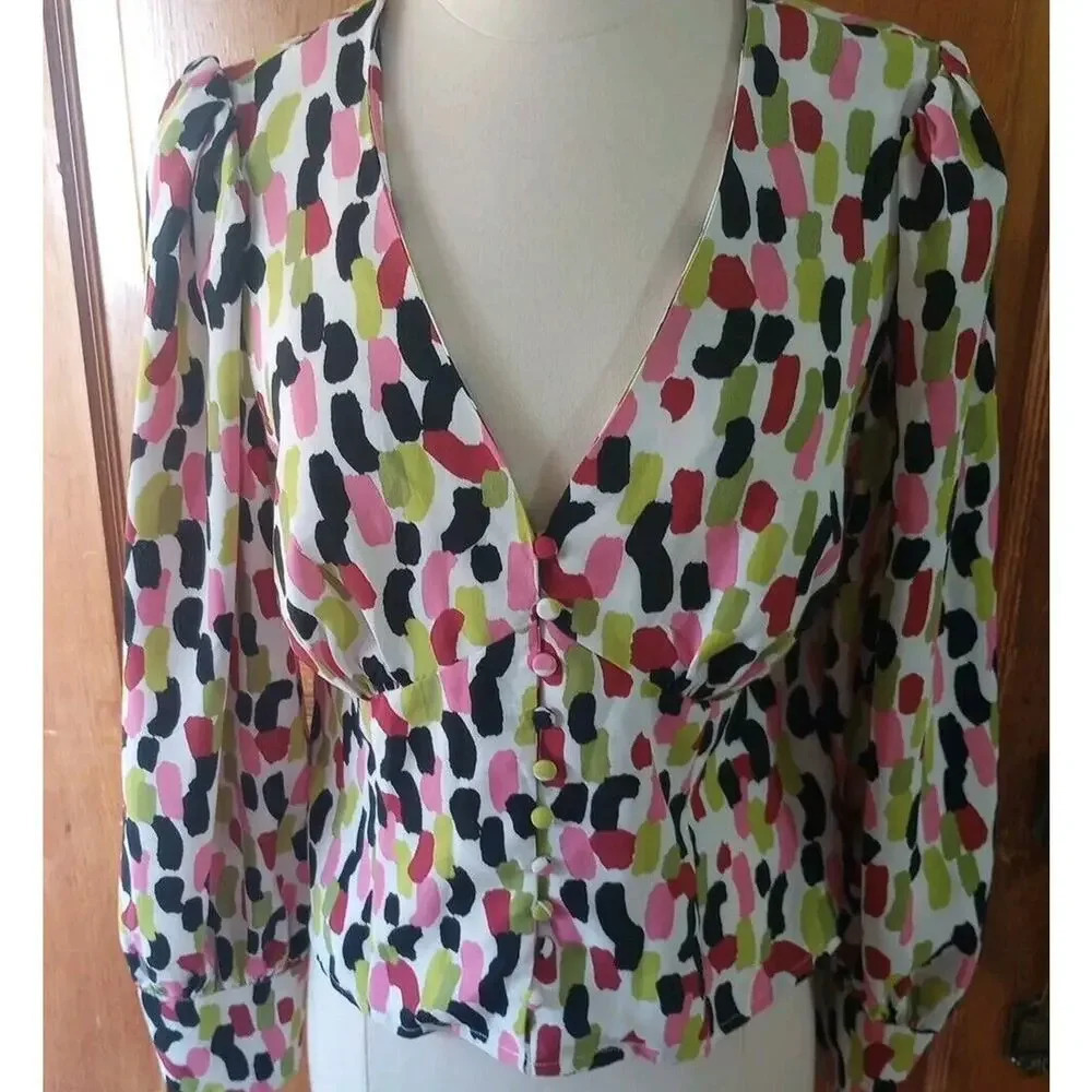 Anthropologie Glamorous Satin Blouse Bell Sleeve Sz M Button Corset‎ Look Pink